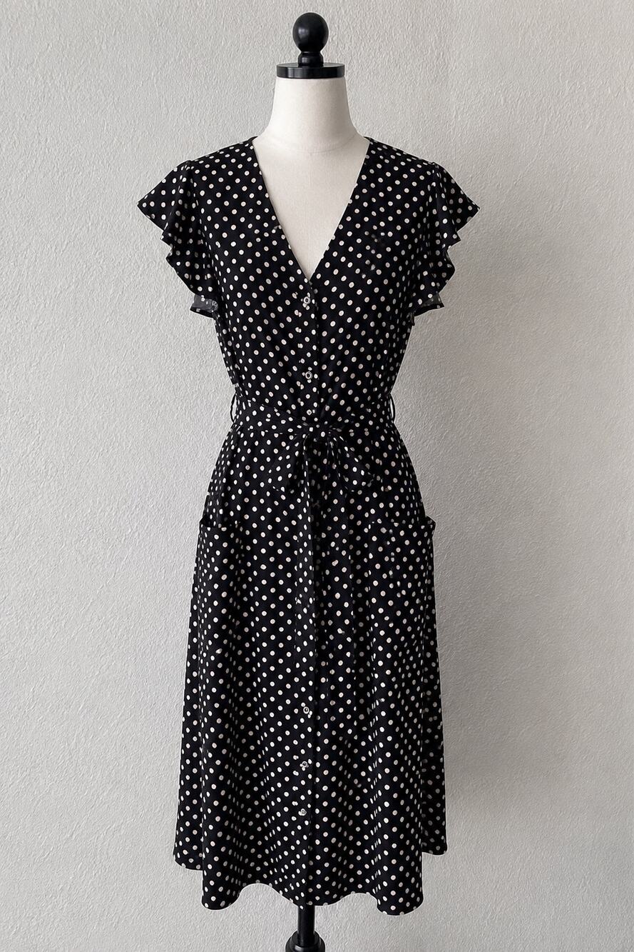 Black/White PolkaDot Flutter Sleeve Tie Waist Pocket Midi Dress 7 Retro Coquette